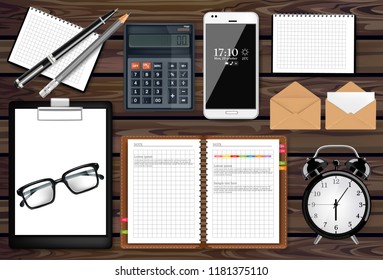 Notes, mail and office supplies business set collection Vector realistic. Phone gadget and calculator. 3d detailed illustrations