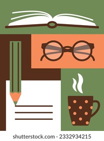 Notes in the margins of the book. Important information. Glasses for comfortable reading. A cup of hot tea. Vector illustration of an open book. A set of images in a minimalist style of flat graphics.
