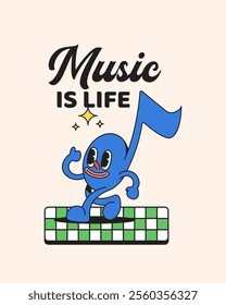 Notes Music Character walking and enjoy listening music podcast Poster Cartoon Retro Vintage Illustration