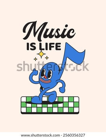 Notes Music Character walking and enjoy listening music podcast Poster Cartoon Retro Vintage Illustration