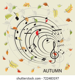 Notes. Music. Leaf fall. Abstract musical composition with a musical conductor and autumn leaves. Design for printing on paper, textiles, ceramics or packaging materials.