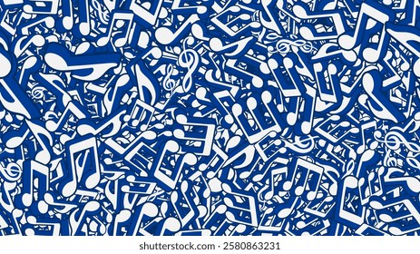 Notes, musical keys signs and symbols piled up in big heap of cacophony. Musical notes piled up in a big heap. Vector banner for advertising of music party, disco or artistic concert