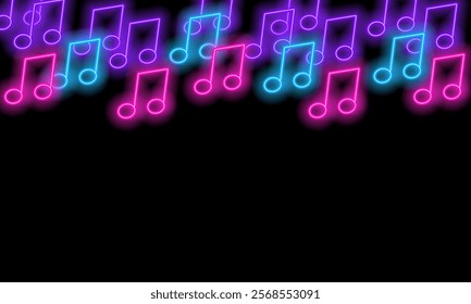 Notes neon luminous bright pink blue purple pattern copy space dark background symbol music vector illustration.