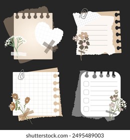 Notes and old torn out notebook pages with flowers.Old scrapbooking paper pieces. Retro torn pages