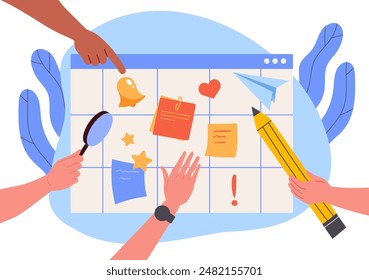 Notes on board concept. Planning and scheduling. Time management and organizing of efficient workflow. Workers in office with tasks. Cartoon flat vector illustration isolated on white background