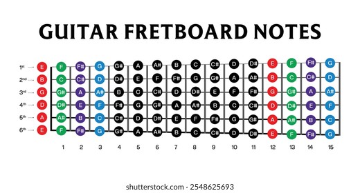 Notes on the guitar fretboard vector illustration, Sharp flat notes on the guitar fretboard, learn the names of the notes on a guitar neck, learn Guitar Fretboard Notes infographic diagram, study