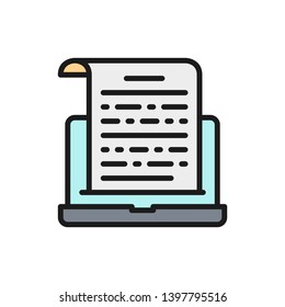 Notes on a laptop, presentation, text entries flat color icon.