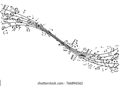 Notes on the wavy lines. Music decoration element isolated on the white background.