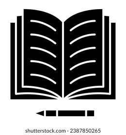 Notes in open notebook and pencil solid icon, education concept, copy book and pen vector sign on white background, glyph style icon for mobile concept and web design. Vector graphics