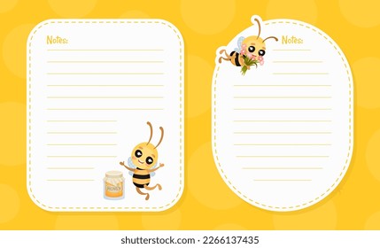 Notes Page with Cute Honey Bee Insect with Jar and Flowers Vector Template
