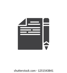 Notes page and pen vector icon. filled flat sign for mobile concept and web design. Paper sheet and pencil simple solid icon. Symbol, logo illustration. Pixel perfect vector graphics