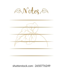 Notes page template. Printable square notepad with large hand-drawn leaf illustration