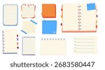 Notes pages reminder. Bulletin paper, lined list set, notebook office or school blank notebook for homework and exercises. Sticky stickers reminders, notebook clippings, stationery, planner, 