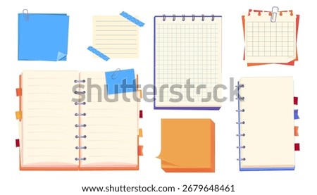 Notes pages reminder. Bulletin paper, lined list set, notebook office or school blank notebook for homework and exercises. Sticky stickers reminders, notebook clippings, stationery, planner, 