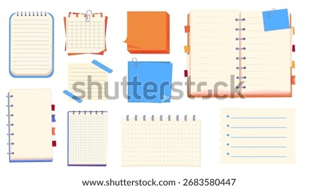 Notes pages reminder. Bulletin paper, lined list set, notebook office or school blank notebook for homework and exercises. Sticky stickers reminders, notebook clippings, stationery, planner, 