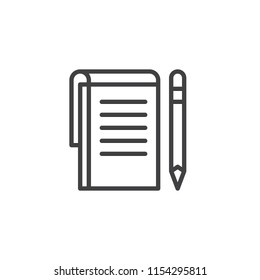 Notes paper and pen outline icon. linear style sign for mobile concept and web design. Writing pad and pen simple line vector icon. Symbol, logo illustration. Pixel perfect vector graphics