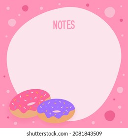 Notes paper in pink cartoon style with donuts. Vector illustration