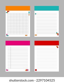 Notes paper sheet. Printable memo template. Vector illustration of the colorful template planner, memo, sticky note and reminder. 