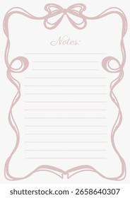 Notes Paper Sheet In Whimsical Pink Tender Ribbon Frame Bow Retro Vintage Vector Design