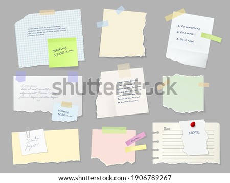 Notes paper sheets attached with adhesive tape. Meeting reminder, to-do list and memo notice, letter on piece of paper, notepad or notebook page with torn sides and stickers 3d realistic vector set 商業照片 © 