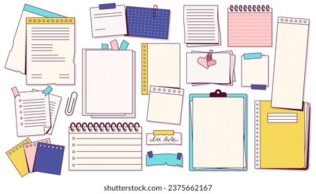 Notes and paper stationery. Doodle post-it note sheet with sticky note, memo and task planner objects. Vector blank notepaper set of stationery paper and note illustration