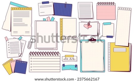 Notes and paper stationery. Doodle post-it note sheet with sticky note, memo and task planner objects. Vector blank notepaper set of stationery paper and note illustration