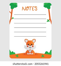 Notes paper template design with cute fox illustration design