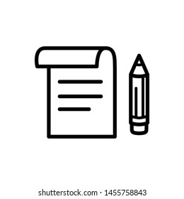 Notes and pencil icon cartoon, simple black and white line art, editable stroke. Sketch on piece of paper, taking notes, blueprints concept. Back to school vector drawing.