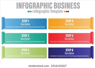 Notes process with six 6 steps or six 6 option. Three colorful graphic elements. Timeline design for brochure, presentation, web site. Infographic design layout.