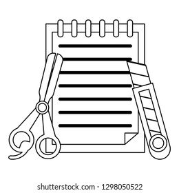 notes with scissors and scalpel black and white