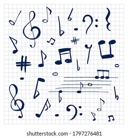 Notas. Conjunto de signos musicales. Doodle de notas musicales. Ilustración vectorial dibujada por mano