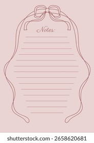 Notes Sheet In Red Whimsical Retro Coquette Outlined Hand Drawn Doodle Oval Ribbon Frame With Bow Vector Design