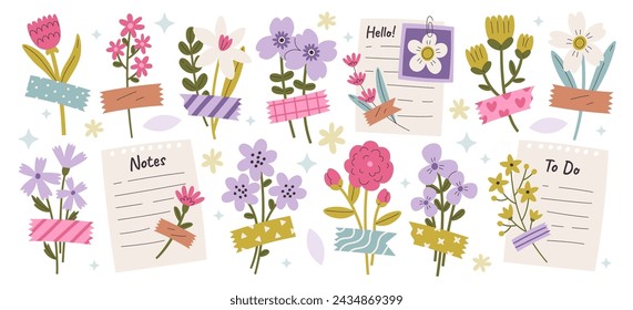 Notes sheet, to-do list, greeting letter with flowers bouquet decorations attached by colorful washi tape. Set of floral pieces pretty romantic ornaments with sticker strips vector illustration