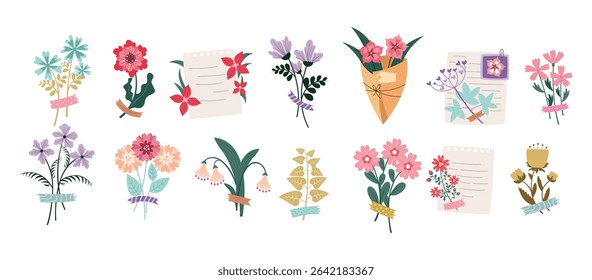 Notes sheet, to-do list, greeting letter with flowers bouquet decorations attached by colorful washi tape. Set of floral pieces pretty romantic ornaments with sticker strips vector illustration