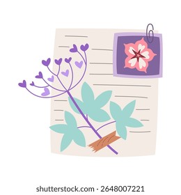 Notes sheet, to-do list, greeting letter with flowers bouquet decorations attached by colorful washi tape. Floral pieces pretty romantic ornaments with sticker strips vector illustration
