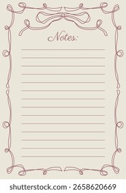 Notizen Blatt in Whimsical Coquette umrissene Hand gezeichnet Curly Frame Vektor Design