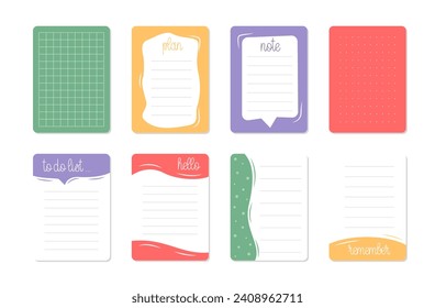 Notes Sheets Paper Organizer Page Template Collection. Scrapbooking Design Elements.  To Do List Notepaper Set.