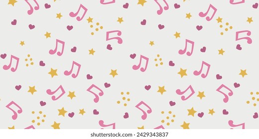 Notes, stars, hearts. Vector background of girlish and musical items. Music and little stars.