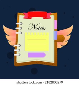 Notes Stickers Note Book Sheet Icon Orange Fantasy Color With Wings And Ribbon Cute Colorful Cartoon For GUI Or Business , Education , E-commerce , Vector Design