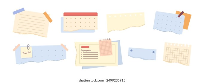 Notes and stickers, sticky sheets and tape. Vector set of to do list, memo messages, notepads and paper pages. Notepaper meeting reminder, office notice or information board with appointment