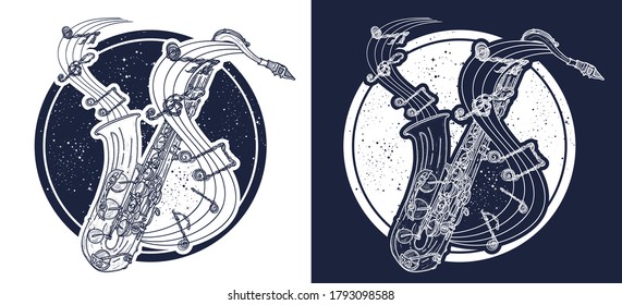 Notes take off from a saxophone, musical tattoo. Jazz music in universe t-shirt design. Black and white vector graphics 