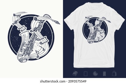 Notes take off from a saxophone, musical tattoo. Jazz music in universe t-shirt design. Vector graphics template. Hand drawn illustration 