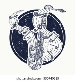 Notes take off from a saxophone, musical tattoo and t-shirt design. Sax and notes 