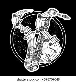 Notes take off from a saxophone,  musical tattoo. Music art. T-shirt design 