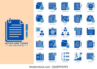 Notes and task dual tone icons set. contain backup, notification, schedule, plan board, project plan, group task, memo and more. Vector for modern concept, print, UI, UX kit, web and app development.