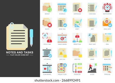 Notas e ícones de cores planas de tarefas definidos. contém backup, notificação, agendamento, quadro de planos, plano de projetos, tarefa de grupo, memorando e mais. Vetor para conceito moderno, impressão, UI, kit UX, web e desenvolvimento de aplicativos.