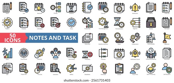 Notes and task icon collection set. Containing reminder, priority, deadline, completed, calendar, schedule, notification icon. Simple flat outline vector illustration