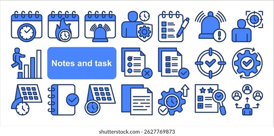 Notas e conjunto de coleta de ícone de tarefa. Contendo lembrete, prioridade, prazo, concluído, calendário, agenda, ícone de notificação. Vetor de linha simples.