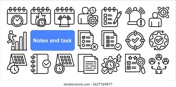 Notas e conjunto de coleta de ícone de tarefa. Contendo lembrete, prioridade, prazo, concluído, calendário, agenda, ícone de notificação. Vetor de linha simples.