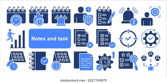 Notas e conjunto de coleta de ícone de tarefa. Contendo lembrete, prioridade, prazo, concluído, calendário, agenda, ícone de notificação. Vetor plano simples.